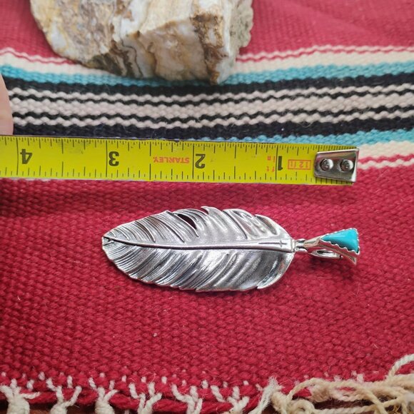 Fritz Casuse Carolyn Pollack Sterling Silver Turquoise Prayer Feather Pendant - Picture 3 of 10
